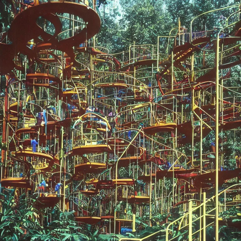 Prompt: full - color closeup 1 9 7 0 s photo of a large complex very - dense very - tall many - level jungle - gym in a crowded schoolyard. the jungle - gym is made of dark - brown wooden planks, and black rubber tires. it has many wooden spiral staircases, high bridges, ramps, and tall towers.