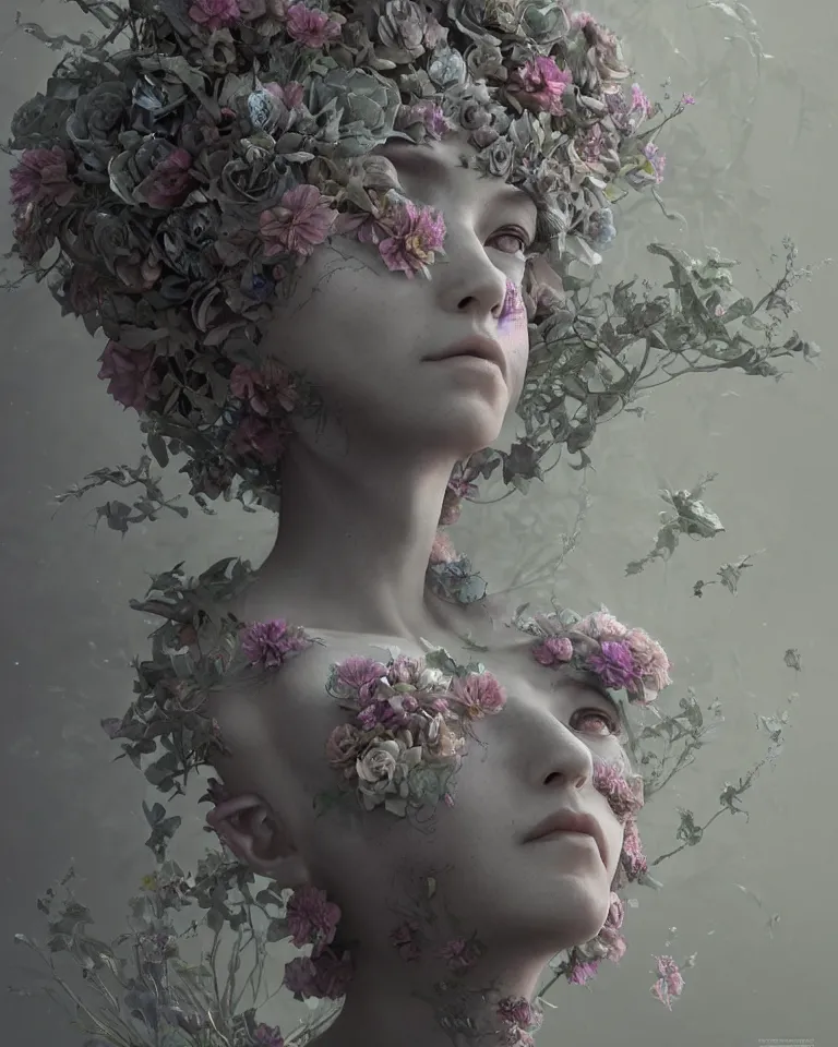 Image similar to front view of an beautiful ethereal female made of concrete and flowers turning into mist, Andrew Ferez, Charlie Bowater, Marco Mazzoni, Seb McKinnon, Ryohei Hase, trending on cgsociety, featured on zbrush central, new sculpture, mystical
