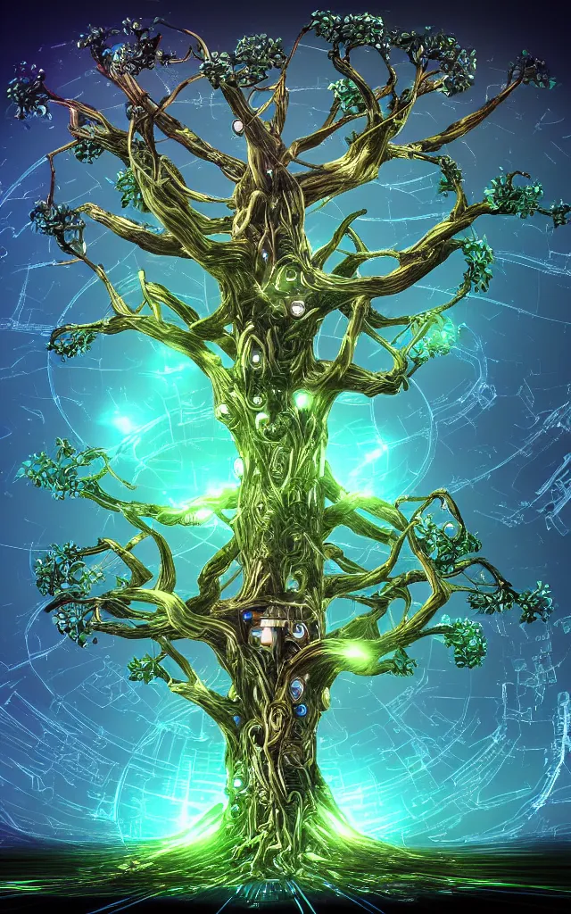 Image similar to futurist cybernetic yggdrasil world tree, future perfect, award winning digital art