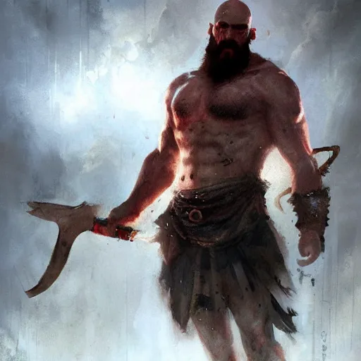 Image similar to kratos after defeating zeus by greg rutkowski