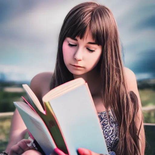 Image similar to a girl reading a book, her hair flowing down, modelsociety, radiant skin, huge anime eyes, rtx on, perfect face, intricate, sony a 7 r iv, symmetric balance, polarizing filter, photolab, lightroom, 4 k, dolby vision, photography award