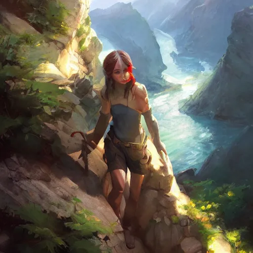 Prompt: Time to climb the mountain path, an expressive oil painting by Ross Tran, John Harris, Krenz Cushart, trending on Artstation