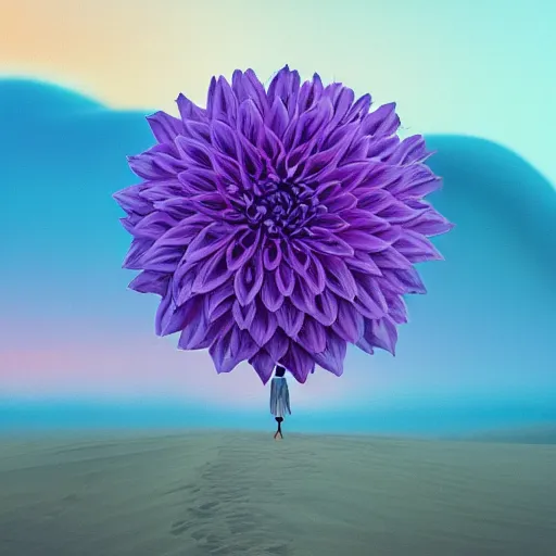 Image similar to portrait, giant purple dahlia flower head, woman between dunes, surreal photography, sunrise, blue sky, dramatic light, impressionist painting, digital painting, artstation, simon stalenhag