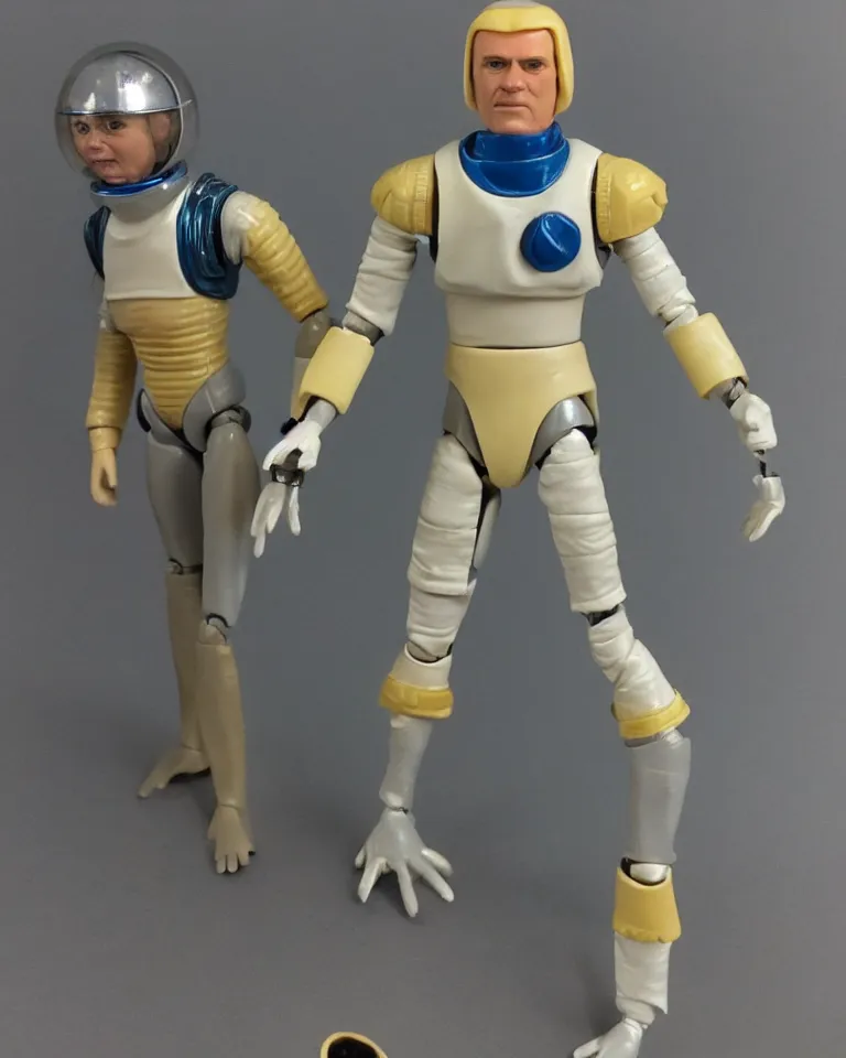 Prompt: photo of a kenner 1 9 8 0's action figure, heroically proportioned, young face, space helmet, five points of articulation, sci - fi, 8 k, full body