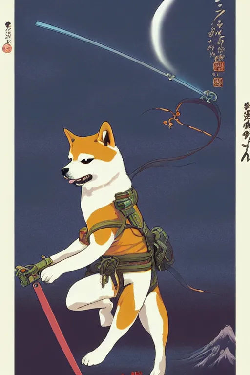 Prompt: poster of a shiba inu as a ninja, studio ghibli aesthetic, by yoichi hatakenaka, masamune shirow, josan gonzales and dan mumford, ayami kojima, takato yamamoto, barclay shaw, karol bak, yukito kishiro