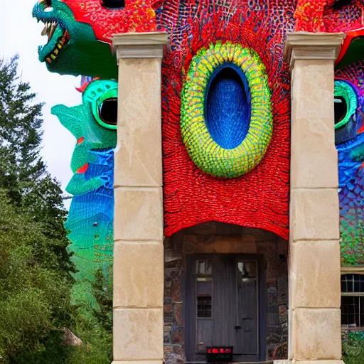 Image similar to The exterior of the house is covered in colorful scales, inspired by a dragon. The windows are large and oval-shaped, like a dragon's eyes. There are two big doors that resemble a dragon's mouth, flanked by two columns that look like horns. photo.