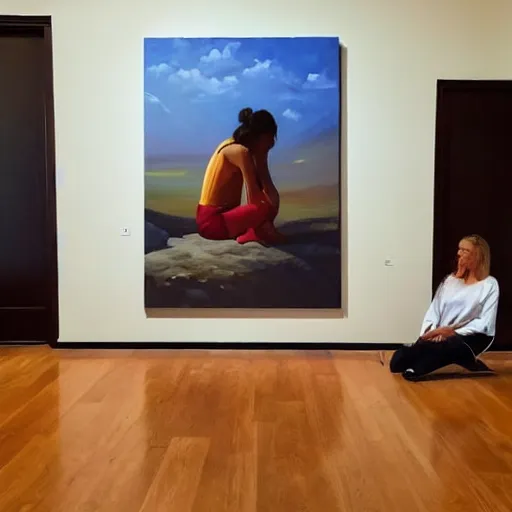 Image similar to a woman sitting on the floor next to a painting, a photorealistic painting by rhads, trending on pexels, arbeitsrat fur kunst, art, fine art, oil on canvas