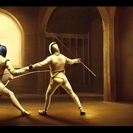 Prompt: a great fencing duel for the ages taking place in midtown england ilust. 1 7 8 4, atmospheric lighting, detailed, hdr, 4 k, best on wlop, pixiv, stunning, gorgeous, much wow, cinematic, masterpiece