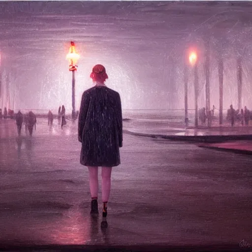 Prompt: Elle Fanning opening a portal on the beach in the world of Edward Hopper, stormy snowy weather, streetlights, extremely detailed masterpiece, oil on canvas, low-key neon lighting, artstation, Blade Runner 2049, Roger Deakin’s cinematography, by J. C. Leyendecker and Peter Paul Rubens,