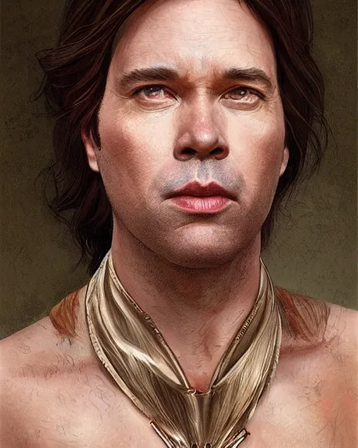 Image similar to character portrait of rufus wainwright, intricate, wild, highly detailed, digital painting, artstation, upper body, concept art, smooth, sharp focus, illustration, art by artgerm and greg rutkowski and alphonse mucha