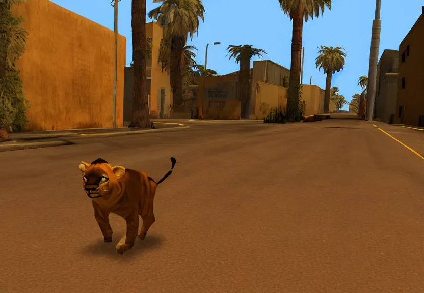 Prompt: A screenshot of Simba in GTA San Andreas.