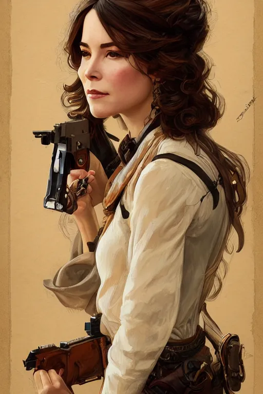 Image similar to portrait of parker posey, western, gunslinger, duster, fantasy, intricate, elegant, highly detailed, digital painting, artstation, concept art, sharp focus, illustration, art by artgerm and greg rutkowski and alphonse mucha