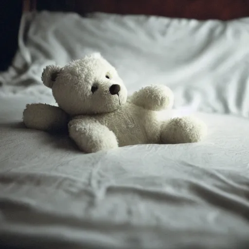 Image similar to a photograph of a white teddy bear laying on a bed crying, tears going down its face, focus shot, flashlight, 35mm film, low contrast, hd