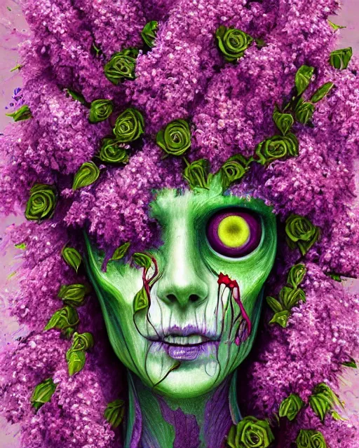 Prompt: Haunting horrifying detailed painting of a tall skinny extraterrestrial flower monster made of lilacs, roses, lilies and daffodils, telekinetic aura, magical powers, and bloodshot eyeballs, hyper detailed, trending on Artstation