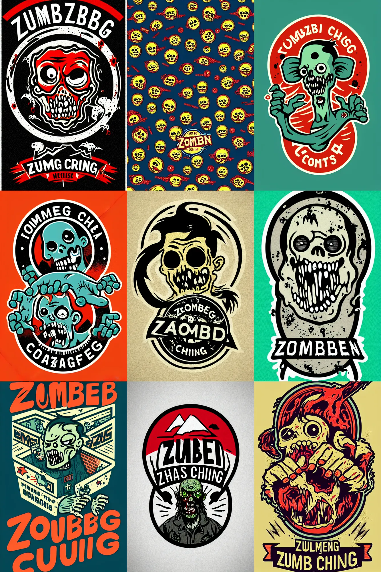 Prompt: logo design, zombie chasing people, patch logo, by mcbess, full colour print, gradients, 1 9 5 0 s, high detail spiral design