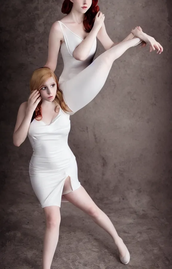 Image similar to 2 8 mm studio photo of gorgeous seductive emily skinner cosplaying annie leonhart wearing tight white dress, beautiful face, pale skin, rule of thirds, cinematic lighting, sharp focus, backlit, stunning, smooth, hard focus, full body shot