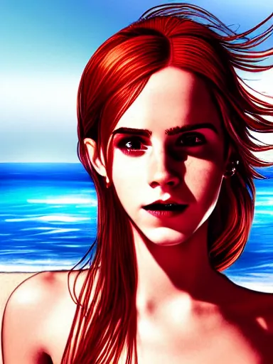 Prompt: highly detailed Red-haired beauty Emma Watson in a bikini , mid-shot ,pixiv , digital Art
