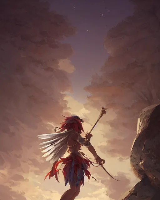 Prompt: a female anthropomorphic eagle warrior standing heroically on a rock, she is wearing feathers. trees. atmospheric lighting. Eagle girl. By Makoto Shinkai, Stanley Artgerm Lau, WLOP, Rossdraws, James Jean, Andrei Riabovitchev, Marc Simonetti, krenz cushart, Sakimichan, D&D trending on ArtStation, digital art.