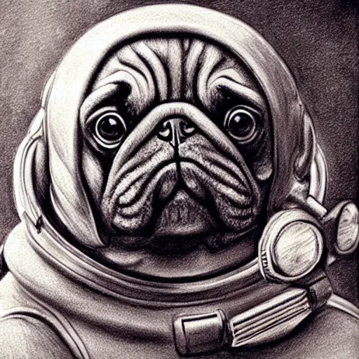 Image similar to pencil art, golden - ratio, spirals, highly detailed, astronaut pug in outer space by davinci.