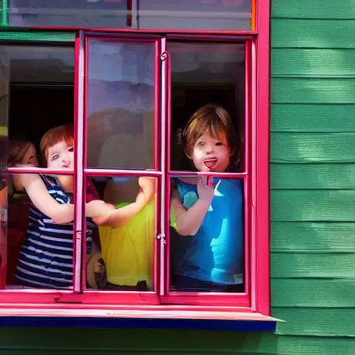 Image similar to kids peeking through a toy store's window from outside, painting