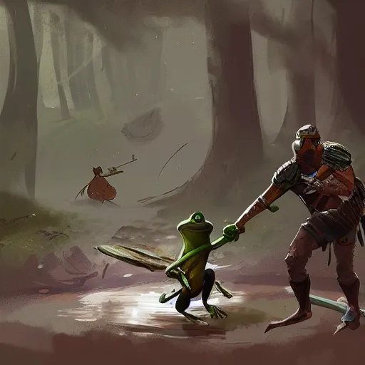 Prompt: concept art of a frog warrior battling a squirrel warrior near a stream, by ismail inceoglu,