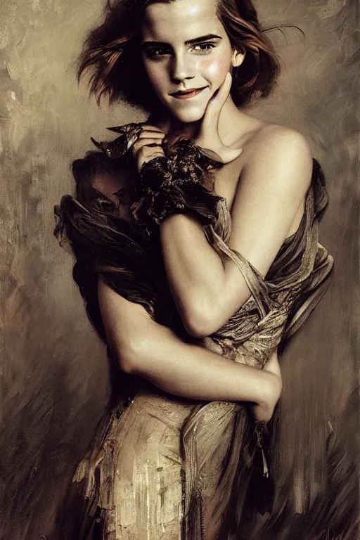 Image similar to emma watson smiling squinting detailed portrait painting by gaston bussiere craig mullins j. c. leyendecker photograph by richard avedon peter lindbergh