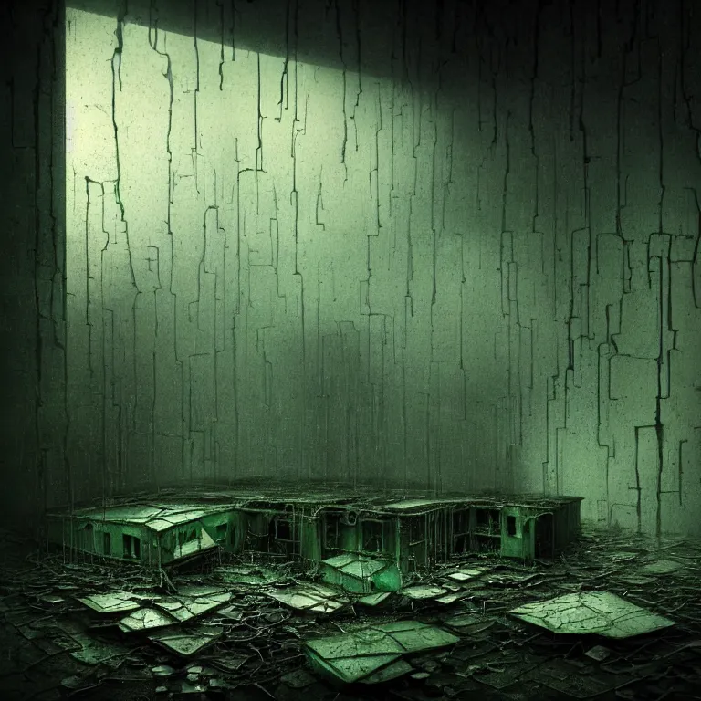 Image similar to surreal abandoned ribbed broken dripping computer, dark clouds, dark green tint, surreal abandoned buildings, dream-like heavy atmosphere, baroque painting, beautiful detailed intricate insanely detailed octane render trending on Artstation, 8K artistic photography, photorealistic, dramatic volumetric cinematic perfect light, chiaroscuro, award-winning photograph, masterpiece, Raphael, Caravaggio, Beksinski, Giger