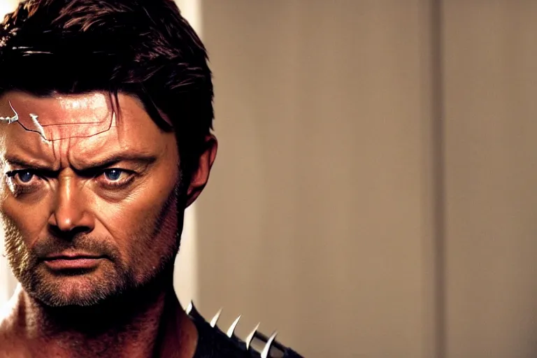 Image similar to film still frame of karl urban as wolverine, high quality