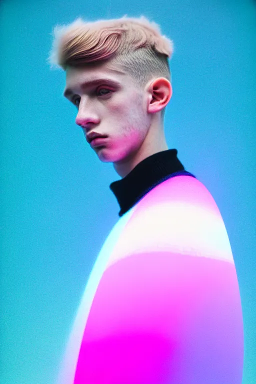 Image similar to high quality pastel coloured film mid angle portrait photograph of a beautiful young 2 0 year old male, soft features, short hair, perspex space visor and oversized inflated clothing!!!! icelandic black! rock pool environment. atmospheric three point light. photographic. art directed. ( pastel colours ). volumetric. clearcoat. waves. 8 k. filmic.