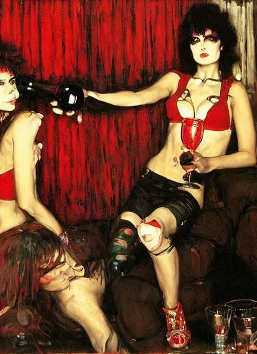 Image similar to glam rockers drinking brutal and raw wine, inside a green room with red lights by john william waterhouse, phil hale, extremely detailed