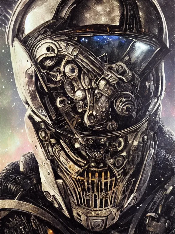 Prompt: art portrait of a chaos space marine, decaying, galaxy reflected in helmet, giger,8k,by tristan eaton,Stanley Artgermm,Tom Bagshaw,Greg Rutkowski,Carne Griffiths, Ayami Kojima, Beksinski, Giger,trending on DeviantArt,face enhance,hyper detailed,minimalist,cybernetic, android, blade runner,full of colour,