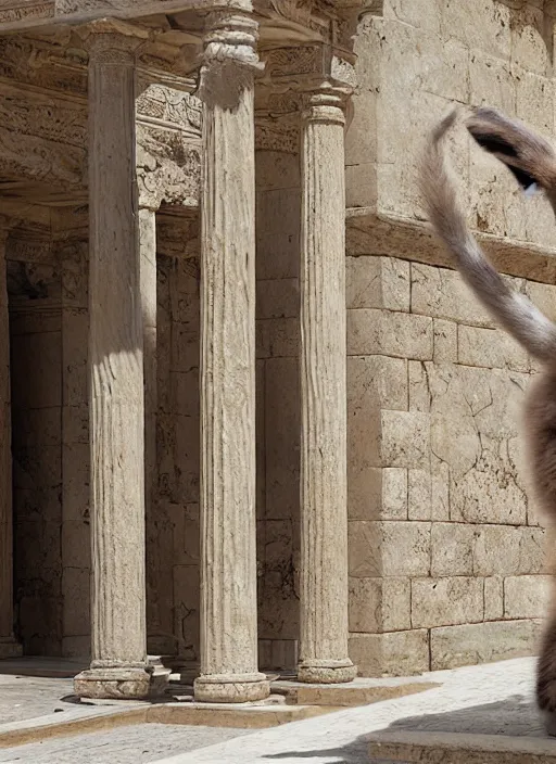 Image similar to hyper realistic fluffy caracal in ancient greek city, marble columns, temple, olive trees, atmospheric beautiful details, strong composition painted by kim jung giu weta studio rutkowski, james gurney and greg rutkowski, and lucasfilm