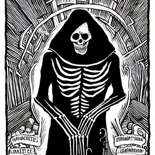 Prompt: a skeleton in black cloak by Matt Bors