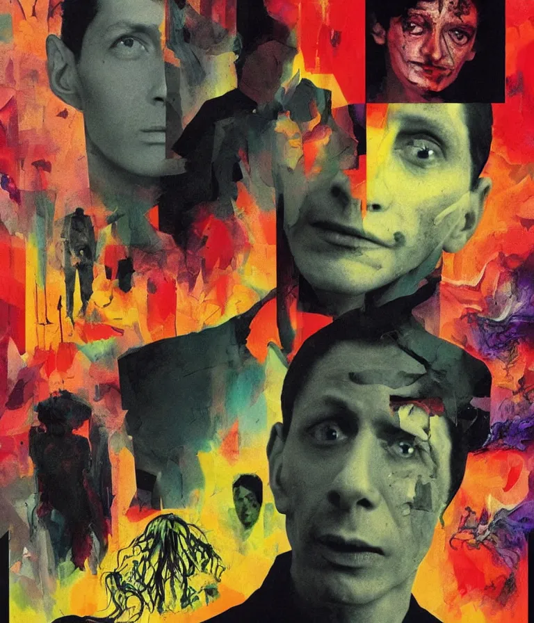 Prompt: Beautiful colorful Minimalist!!!! Horror Movie Poster made for the film Kafka's Annihilation (1987) Starring Jeff Goldblum transforming into A Gray Alien, photo collage and oil painting by David Cronenberg and Stanley Kubrick and Man Ray, Vivid color trending on artstation Cinematic lighting minimalist! !collage 8k