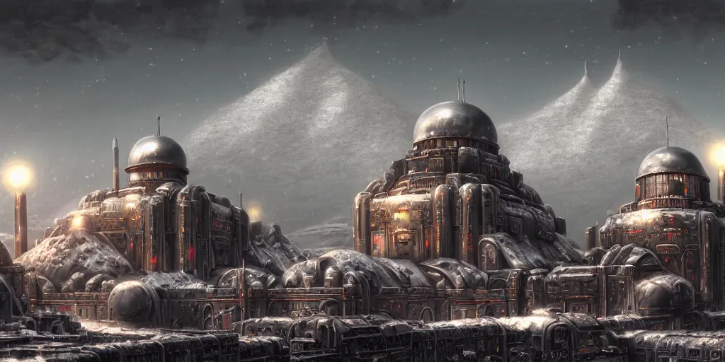 Prompt: a beautiful highly detailed matte painting of a huge imperial Russian futuristic brutalist military installation, close up intimate view, snow capped mountains in the background, black domes and radio spires with blinking lights, Space Hulk, WarHammer 40k by Jose Daniel Cabrera Pena and Leonid Kozienko, concept art-H 640