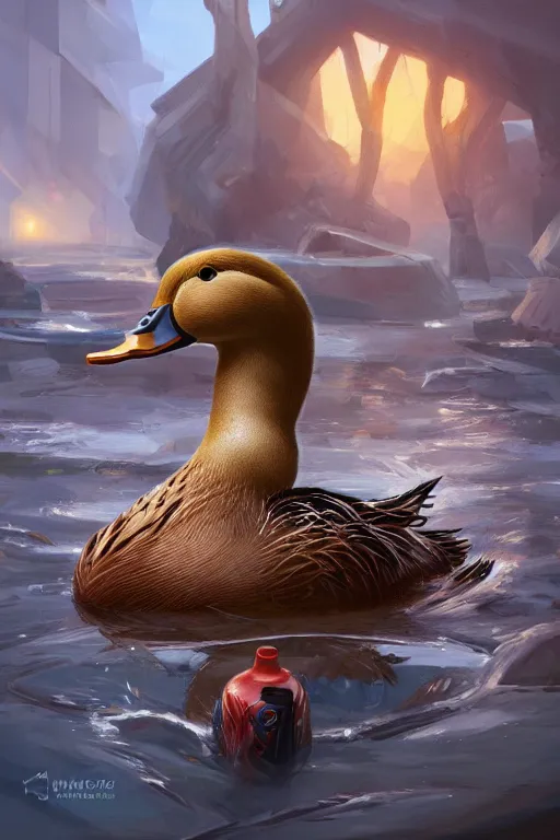 Image similar to duck drinks energy napiokmonstr energy, concept art, wlop, digital painting, trending on artstation, highly detailed, epic composition, official media, 8 k uhd