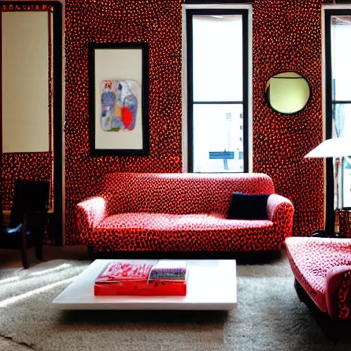 Image similar to A living room with interior design by Yayoi Kusama