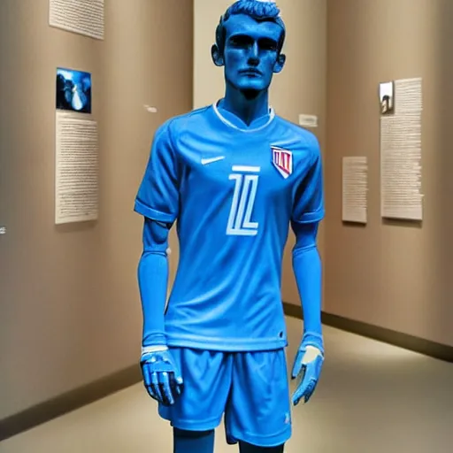 Image similar to “ a realistic detailed photo of a guy who is an attractive humanoid who is half robot and half humanoid, who is a male android, soccer player antoine griezmann, shiny skin, posing like a statue, blank stare, at the museum, on display ”