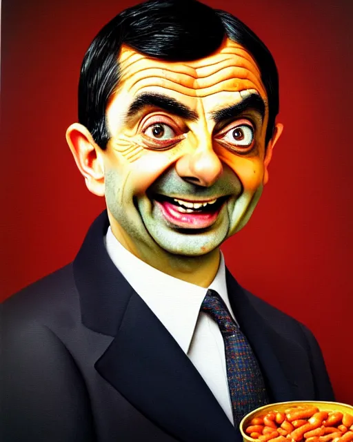 Prompt: portrait of mr bean smiling in a bowl full of baked beans, his face made of beans and tomato sauce, mr bean face, oil painting, highly detailed