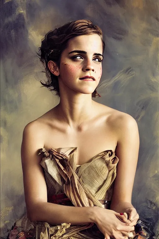 Image similar to emma watson smiling squinting detailed portrait painting by gaston bussiere craig mullins j. c. leyendecker photograph by richard avedon peter lindbergh