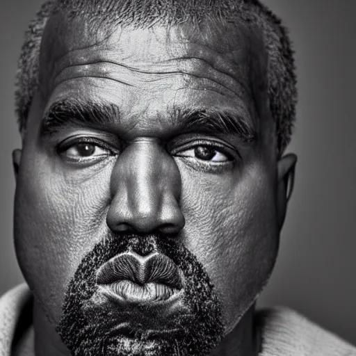 Image similar to the face of older kanye west wearing yeezy clothing at 5 4 years old, portrait by julia cameron, chiaroscuro lighting, shallow depth of field, 8 0 mm, f 1. 8