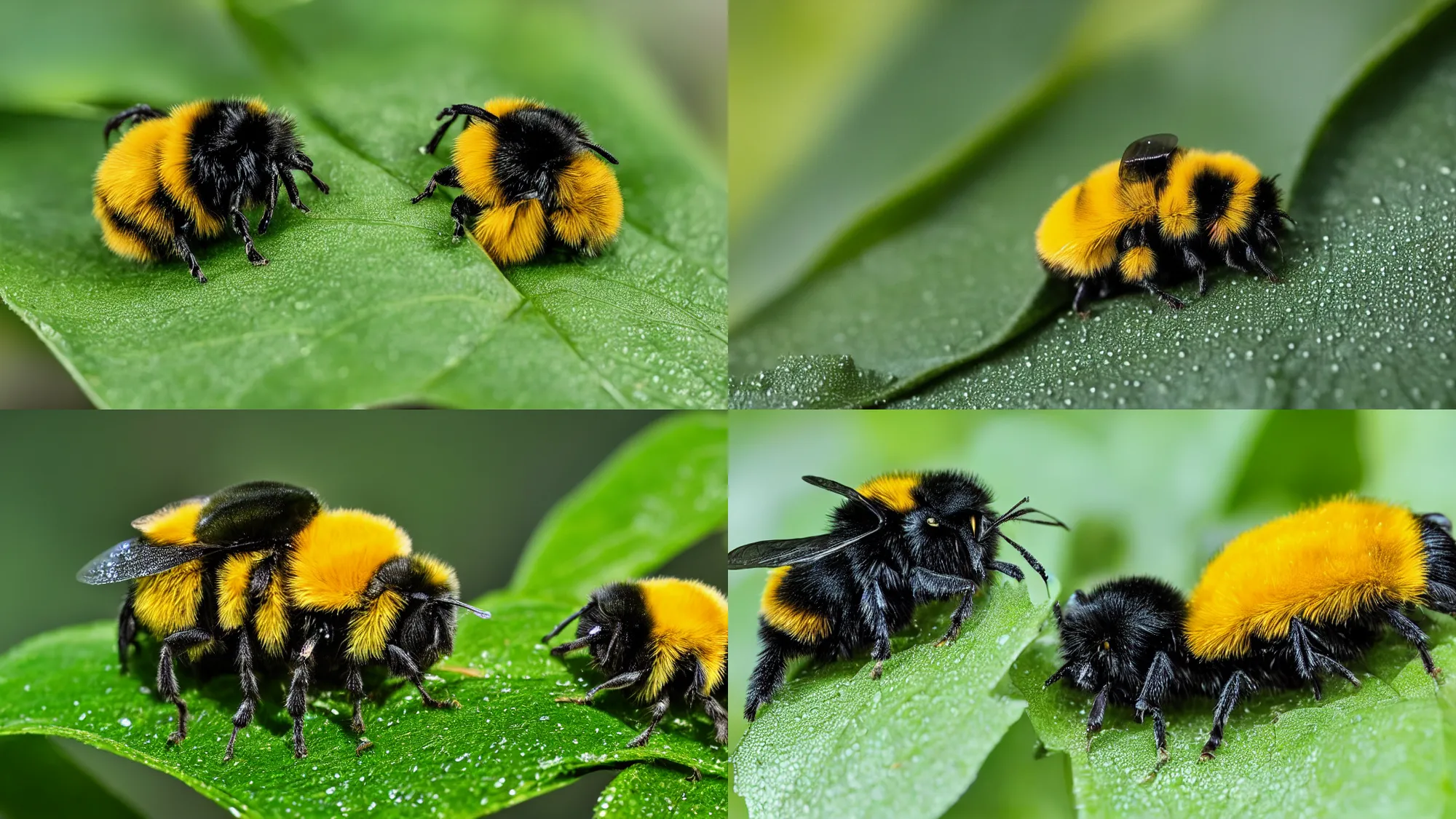 Prompt: A cute fluffy bumblebee resting atop a vivid green leaf with morning dew, XF IQ4, 150MP, 50mm, F1.4, ISO 200, 1/160s, natural light, Adobe Lightroom, photolab, Affinity Photo, PhotoDirector 365