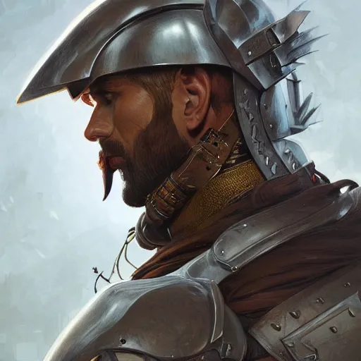 Prompt: portrait of a rugged male armored paladin, D&D, fantasy, intricate, elegant, highly detailed, digital painting, artstation, concept art, smooth, sharp focus, illustration, art by artgerm and greg rutkowski and alphonse mucha