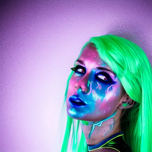 Image similar to Portrait of a beautiful cyberpunk android, blue lipstick, fluorescent pink face paint, bright green hair, metallic cyan bodysuit