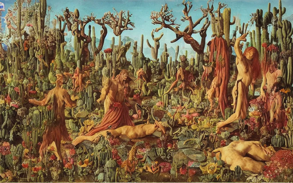 Image similar to photograph of a meditating centaur shaman and a flayed werewolf feeding animals. surrounded by bulbous flowers, animals and a few trees and cacti. river delta with cliffs under a blue sky of burning stars. painted by jan van eyck, max ernst, ernst haeckel, ernst fuchs and artgerm, trending on cgsociety