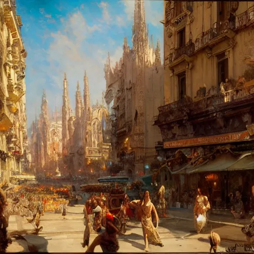 Image similar to detailed cinematic wide shot of milano, ultra realistic, spring light, painting by gaston bussiere, craig mullins, j. c. leyendecker