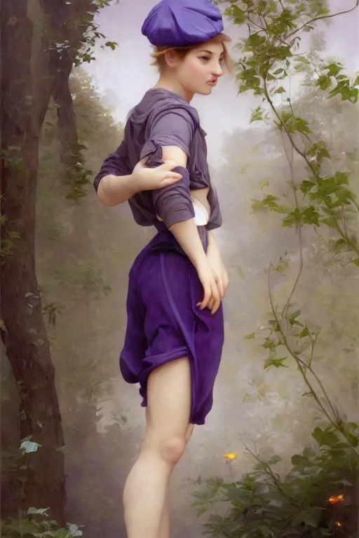 Image similar to Full View girl with short blond hair wearing an oversized purple Beret, Baggy Purple overall shorts, Short Puffy pants made of silk, silk shoes, a big billowy scarf, Golden Ribbon, and white leggings Covered in stars. Short Hair. masterpiece 4k digital illustration by Ruan Jia and Mandy Jurgens and Artgerm and william-adolphe bouguereau, award winning, Artstation, art nouveau aesthetic, Alphonse Mucha background, intricate details, realistic, panoramic view, Hyperdetailed, 8k resolution, intricate art nouveau