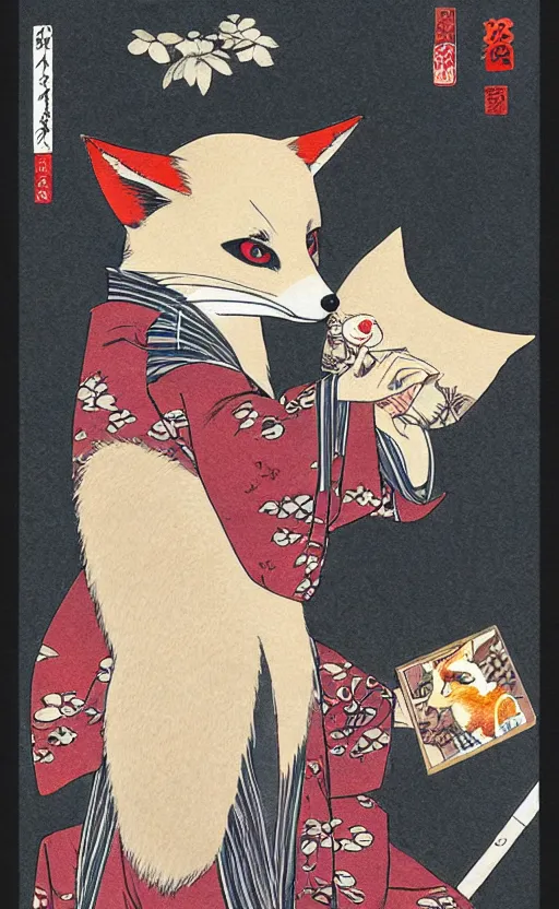 Prompt: by akio watanabe, manga art, a fox with kabuki makeup smoking pipe, trading card front, kimono, realistic anatomy, sun in the background