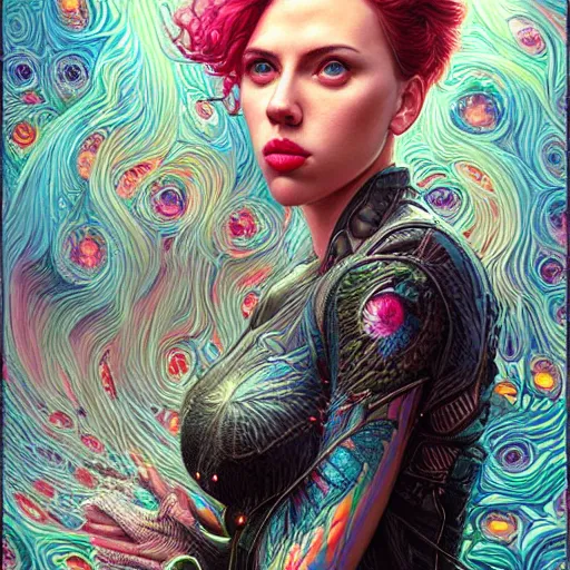 Image similar to portrait of scarlett johansson, hyper detailed masterpiece, neon floral pattern, jean giraud, digital art painting, darkwave goth aesthetic, psychedelic, artgerm, donato giancola and tom bagshaw