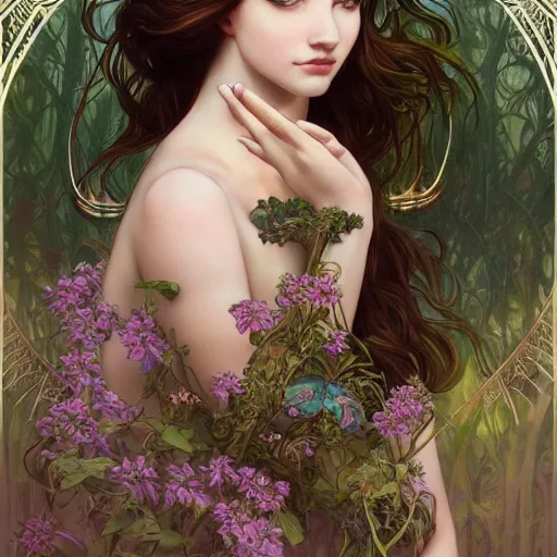 Image similar to a photograpic of lady nature, cute, fantasy, intricate, elegant, highly detailed, digital painting, artstation, concept art, smooth, sharp focus, illustration, art by artgerm and H R Giger and alphonse mucha